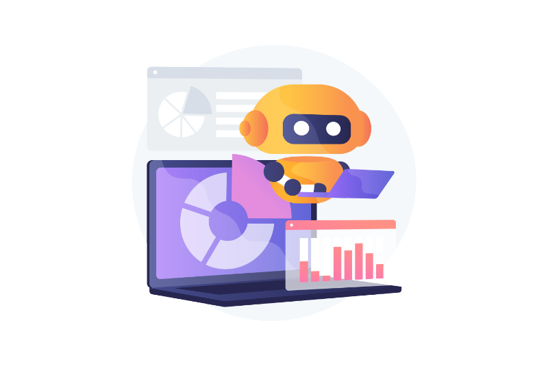 Image of a computer, a robot with a computer and a couple of charts